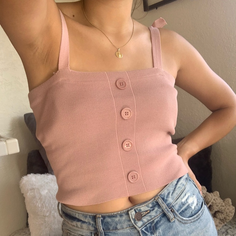 Knit tie strap button tank